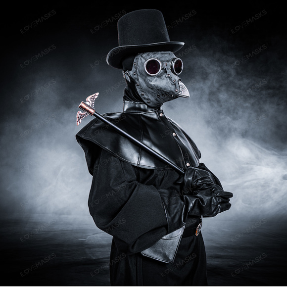 Plague Doctor with Bird Beak Mask & Top Hat Full Costume Set - Grey Silver - Picture 5 of 6